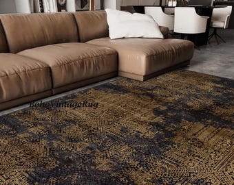 Navy Blue Area Rug, Gold Detailed Rug, Rug for living room, Turkish Kilim, Ethnic Style Rug, Large Bedroom, Overdyed Rug, Indoor Area Carpet