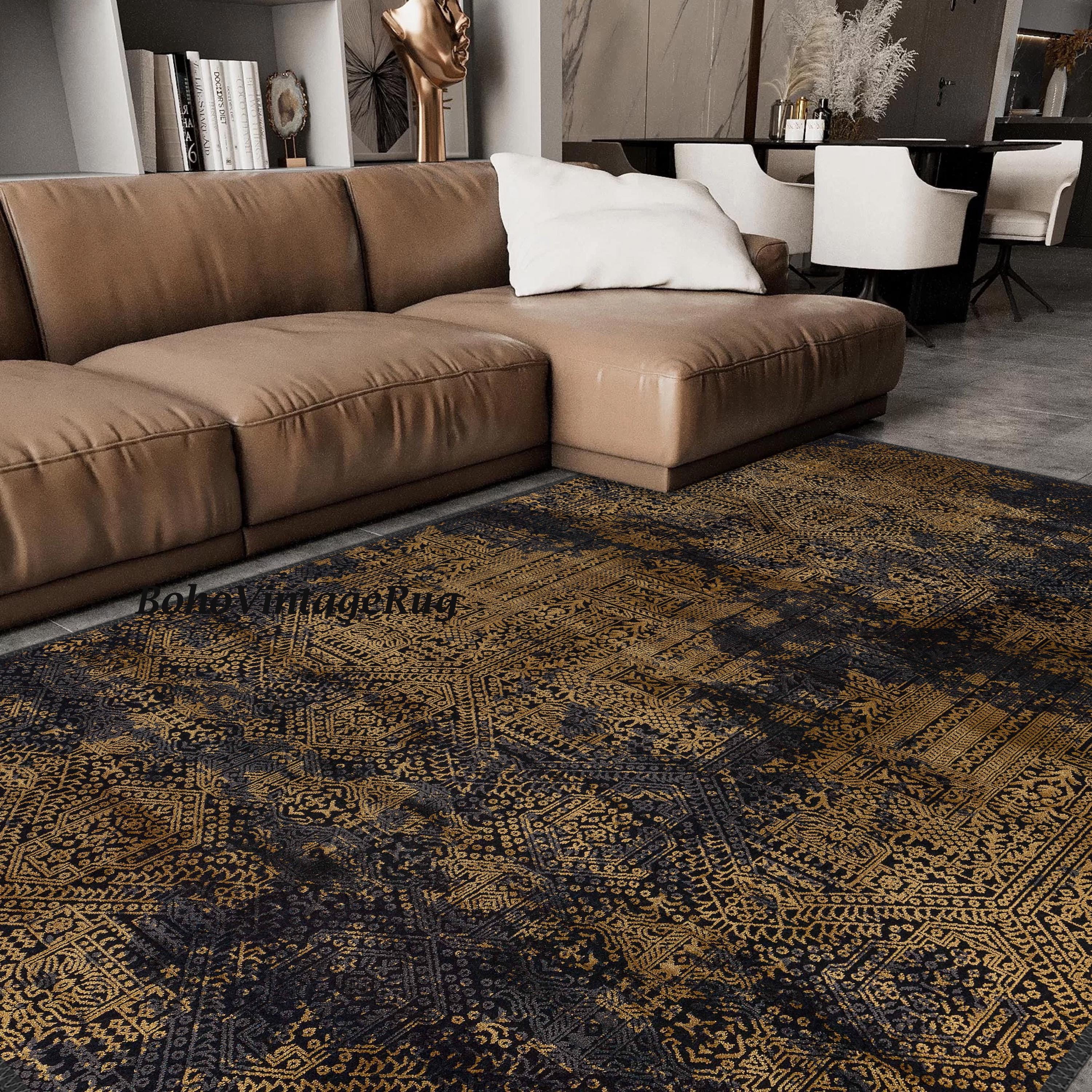 Detailed Rug Navy Blue Area Rug, Gold Detailed Rug, Rug for Living Room, Turkish ...