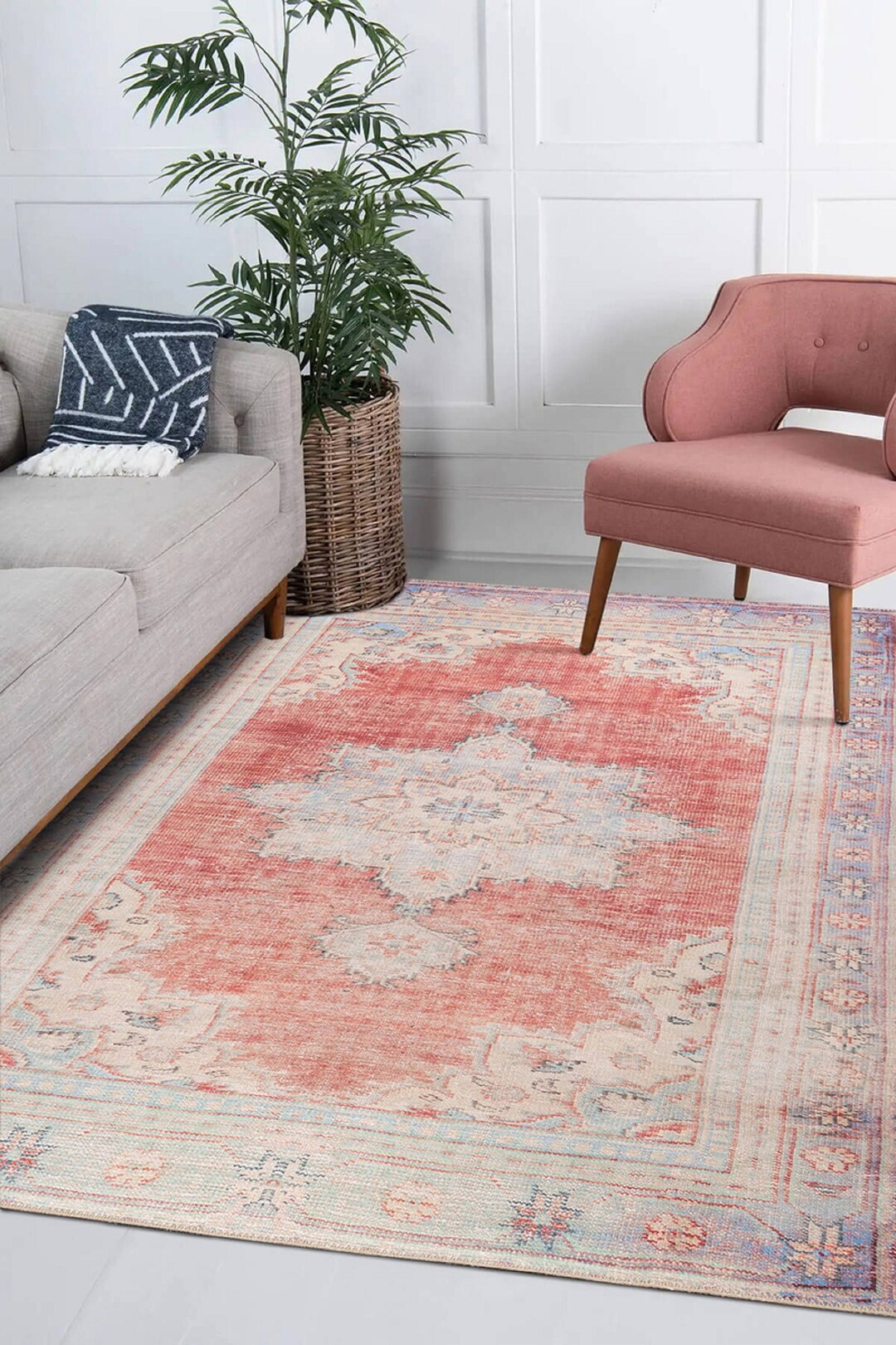 Red Vintage Style Rug, Folk Aging Kilim, Ethnic Pattern Rugs, Red Rugs