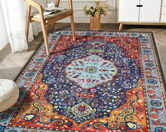 Blue Oriental Rug, Orange Pattern Rug, Stairs Carpet, Farmhouse Rug, Turkish Rug for living room, Ethnic Pattern Rug, Oushak Rug, Multi Size