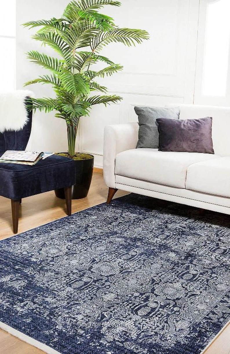 Modern Navy Blue Rug, Turkish Kilim, Multi Size, Livingroom and