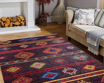 Kelim mit ethnischem Muster, schwarzer Kelim, Teppich im türkischen Stil, multi Größe, schwarzer Hintergrund Teppich, Boho Teppich, Bauernhaus Design