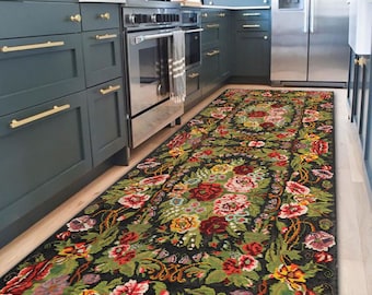 Karabagh Kilim, Christmas Gift, Ethnic Style, Azerbaijan Pattern, Oversize Large Green Rose, Ethnic Style Floral Rose Design Kilim, Office
