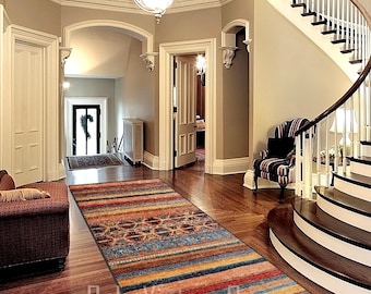 Turkish Area Rug Runner, Colorful Long Carpet for Hallway, Multi Size, Washable Rug, Rug for Livingroom and Bedroom (white edge stitching)
