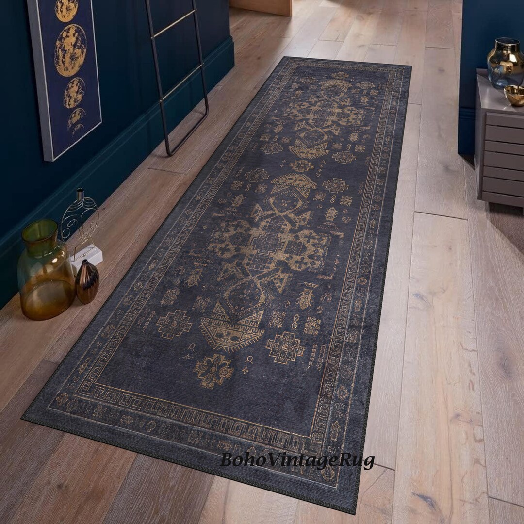 Boho Navy Blue Runner, Anti-slip Living Room Floor Mat, Non-shedding ...