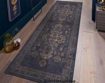 Boho Navy Blue Runner, Anti-Slip Living Room Floor Mat, Non-Shedding Bedroom, Anthracite Turkish Area Rug,  Farmhouse Rug, Hallway Runner