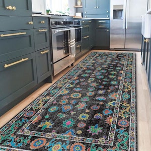 Black /Blue Runner, Kitchen Runner, Rug Living Room, Floral Rug, Blue Rug, Turkish Rug, Hallway Runner, Entree Rug, Multi Size, Area Rug