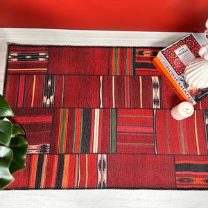 Red Patchwork Style Rug, Farmhouse Decor, Home Decor, Entryway runner, Rug for living room, Stairs Carpet, Turkish, Office Kilim, Red Rug