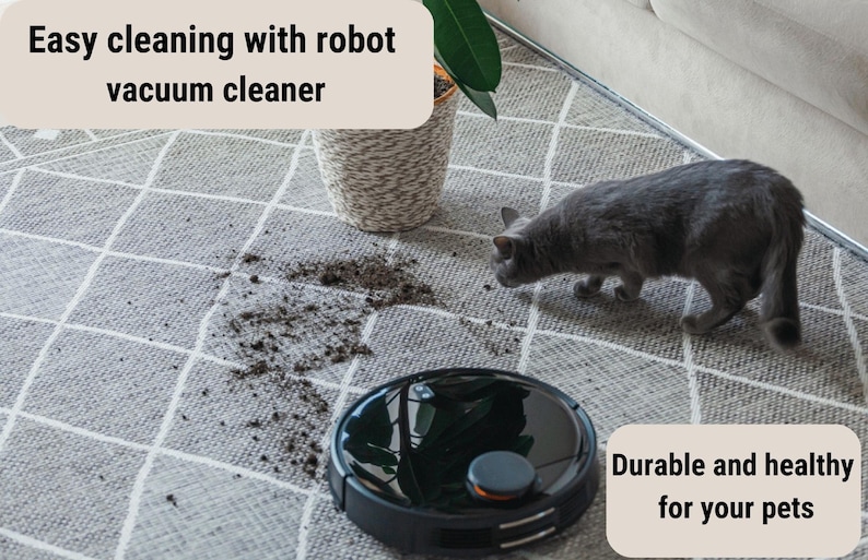 May include: A black robot vacuum cleaner on a gray patterned rug with dirt and a gray cat. Text reads "Easy cleaning with robot vacuum cleaner" and "Durable and healthy for your pets".