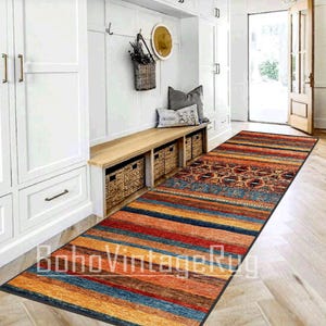 Ethnic Area Runner, Stairs Rug, Colorful Long Kilim for Hallway, Multi Size, Washable Rug, Rug for Livingroom and Bedroom, Orange Yellow Rug