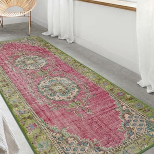 Green/Pink Entree Runner, Turkish Ethnic Style Home Decor, Multi Size, Medallion Patterned living room Rug, Girl Room Carpet, Farm House Rug