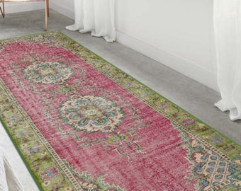 Alfombra turca de algodón lavable de estilo étnico, color rosa y verde, ideal para sala de estar, dormitorio y baño.