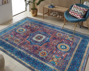 Blue Turkish Area Rug, Ethnic Style Rug, Multi Size, Living Room Rug, Machine Washable Carpet, Coastal Style Rug, Farmhouse Decor, Area Rug