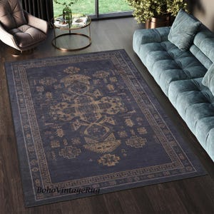 Navy Blue Rug, Traditional Area Rug, Multi Size, Non-Shedding Bedroom Carpet, Washable Area Rug, Anthracite Mediterranean Rug, Turkish Rug
