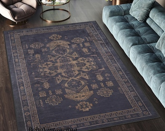 Navy Blue Rug, Traditional Area Rug, Multi Size, Non-Shedding Bedroom Carpet, Washable Area Rug, Anthracite Mediterranean Rug, Turkish Rug