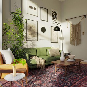 May include: A living room featuring a green sofa, a yellow armchair, a dark wood coffee table, and a patterned rug. The wall displays a gallery of framed abstract art prints, a tall floor lamp, and a hanging macrame wall tapestry.