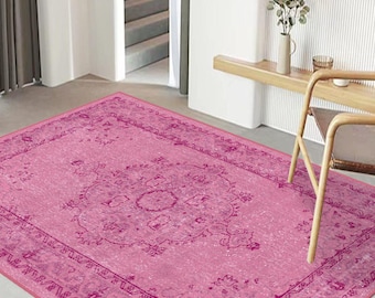 Alfombra turca rosa: suave alfombra de algodón para sala de estar o pasillo
