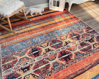 Ethnic Area Rug Runner, Colorful Long Carpet for Hallway, Multi Size, Washable Area Rug, Rug for Livingroom and Bedroom, Orange Yellow Rug