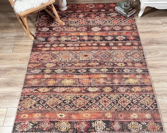 Turkish Ethnic Pattern Rug, Brown Area Rug, Stairs Carpet, Village Rug, Ethnic Style Kilim, Dining Room Rug, Livingroom Rug, Washable Rug