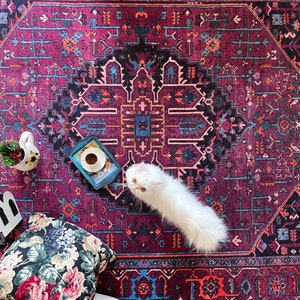 May include: A Persian-style rug in shades of burgundy, black, and blue with an intricate geometric pattern. A white cat, a tray with coffee, a floral pillow, and a decorative vase are on the rug.