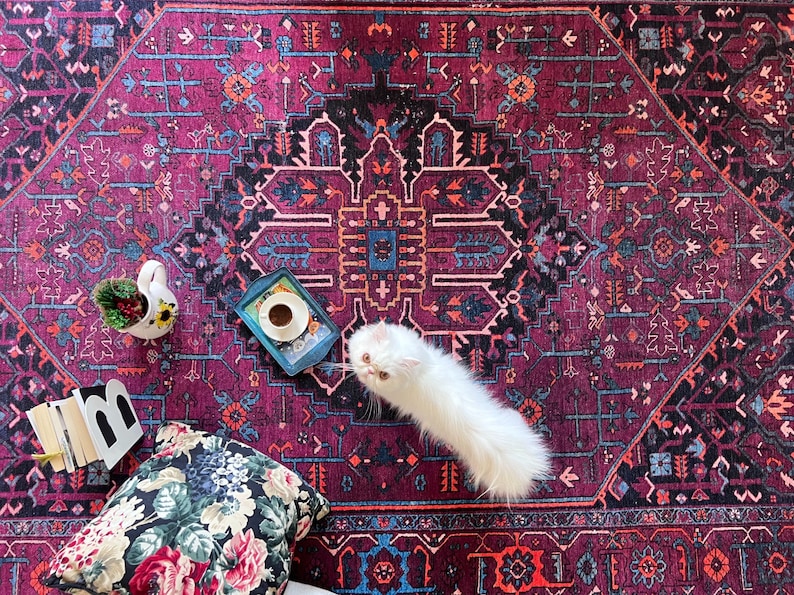 May include: A Persian-style rug in shades of burgundy, black, and blue with an intricate geometric pattern. A white cat, a tray with coffee, a floral pillow, and a decorative vase are on the rug.