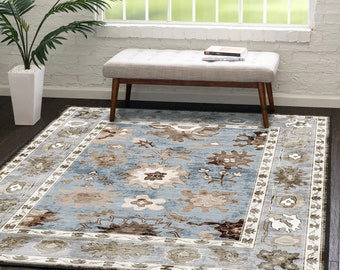 Alfombra marrón azul, alfombra de granja, corredor interior, estilo boho, kilim de área floral, alfombra de habitación femenina, alfombra azul suave, alfombra de acento, tamaño múltiple