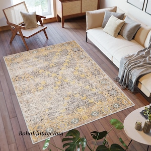 Yellow Area Rug, Home Decoration, Pastel Area Rug, Retro Area Rug, Ethnic Style Rug, Multi Size, Tumbled Carpet, Floral Rug, Colourful Rug