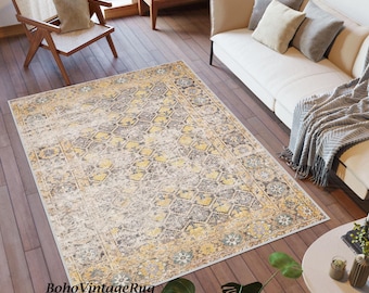 Yellow Area Rug, Home Decoration, Pastel Area Rug, Retro Area Rug, Ethnic Style Rug, Multi Size, Tumbled Carpet, Floral Rug, Colourful Rug