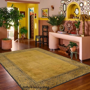 Mustard Yellow Rug, Classic Turkish Rug, Turkish Livingroom Rug, Ethnic Rug, Multi Size, Border Pattern Rug, Yellow Rug, Farmhouse Decor