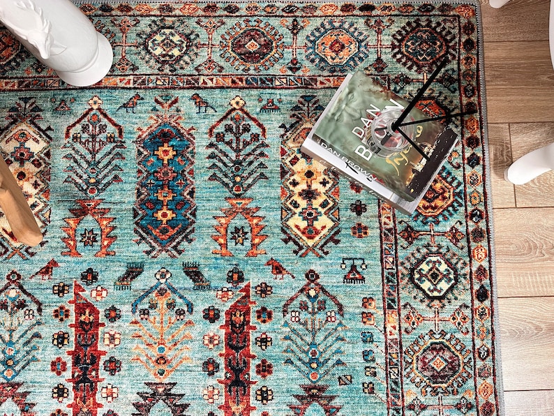 Turquoise Runner, Machine Washable Area Rug, Entree Runner, Non-Slip Dining Room Rug, For living room, Oriental Printed Rug, Blue Area Rug image 2