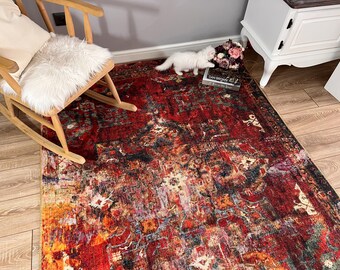 Red Rug, Overdyed Rug, Ethnic Style Area Rug for Living Room, Turkish Rug, Machine Washable Area Rug, Bedroom Red Rug, Home Decor Rugs