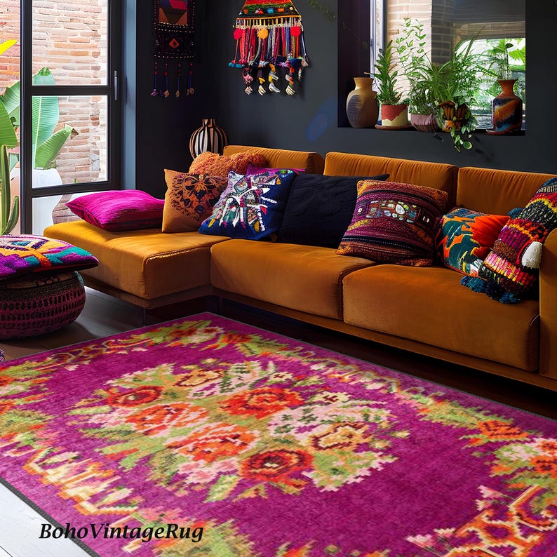 Tangerine Color Rug Purple Boho Area Rug, Karabagh Floral Vintage Style Carpet, Farmhouse ...