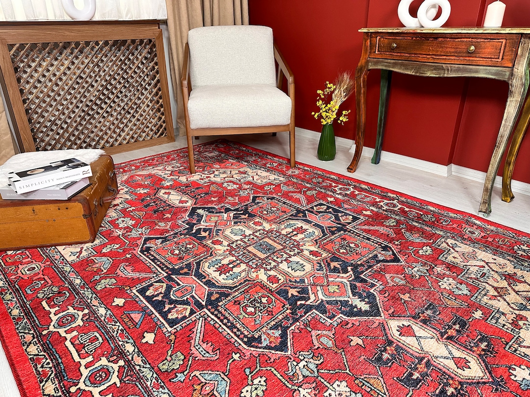 Boho Rug Simple Red Red Distressed Boho Rug, Oversize Rug 8x10, Vintage Style Carpet, Stain ...