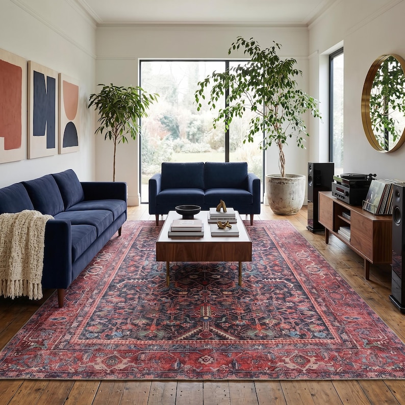 May include: A living room featuring a large rectangular area rug with a dark red and navy blue intricate pattern, two navy blue sofas, a wooden coffee table with books, a wooden media console, and a round gold-framed mirror on the wall.