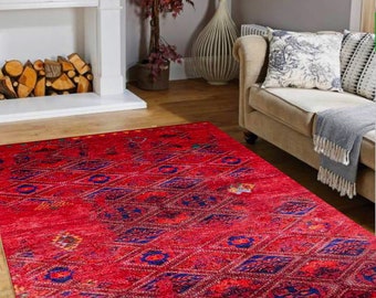 Red Rug, Turkish Rug, Overdyed Red Rug, Farmhouse Rug Home Decor, Rug for Living Room, Bedroom Area Rug, Blue Pattern Red Rug, Gift Rug