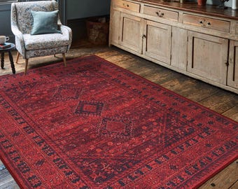 May include: A rectangular area rug featuring a deep red and dark charcoal black color palette with a central diamond motif and intricate border patterns. The text "BohoVintageRug" is printed in black in the lower center of the rug.