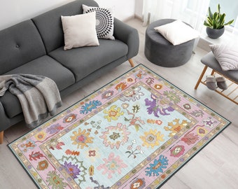 Alfombra rosa, alfombra de estilo étnico, alfombra turca para sala de estar, alfombra rosa y blanca, alfombra floral rosa, alfombra para dormitorio, varios tamaños, alfombra tipo pasillo.
