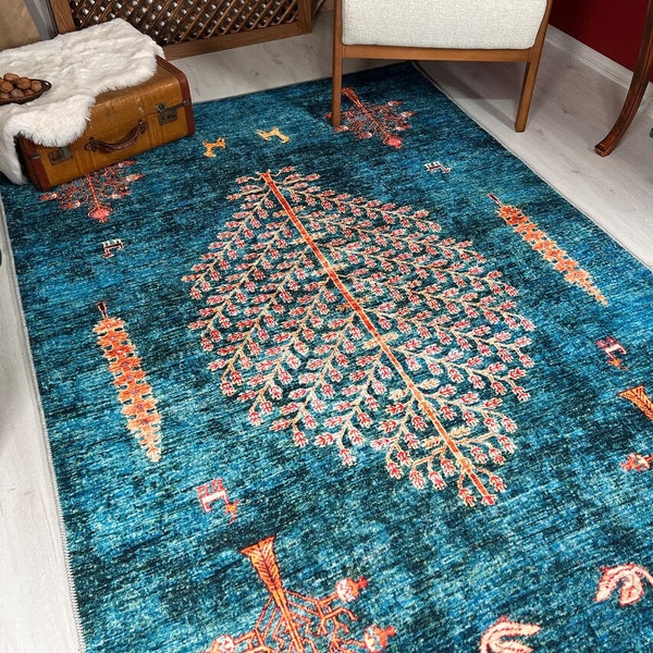 Blue Vintage Rug Featuring Distinctive, Tree Figured Turkish Rug, Long Runner, Artisanal Blue Area Rug, Rugs For Living Room, Multi Size