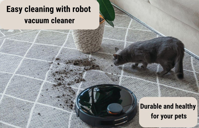 May include: A black robot vacuum cleaner on a gray and white patterned rug with a gray cat and dirt on the rug. The text "Easy cleaning with robot vacuum cleaner" is at the top of the image and the text "Durable and healthy for your pets" is at the bottom of the image.