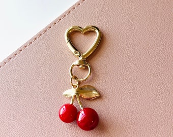 High Quality Cute Cherry Key Charm - Adorable Cherry Bag Charm - FAST SHIPPING Key Chain - Cherry Key Chain with Heart Clip