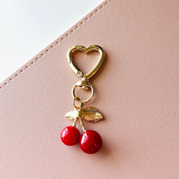 High Quality Cute Cherry Key Charm - Adorable Cherry Bag Charm - FAST SHIPPING Key Chain - Cherry Key Chain with Heart Clip