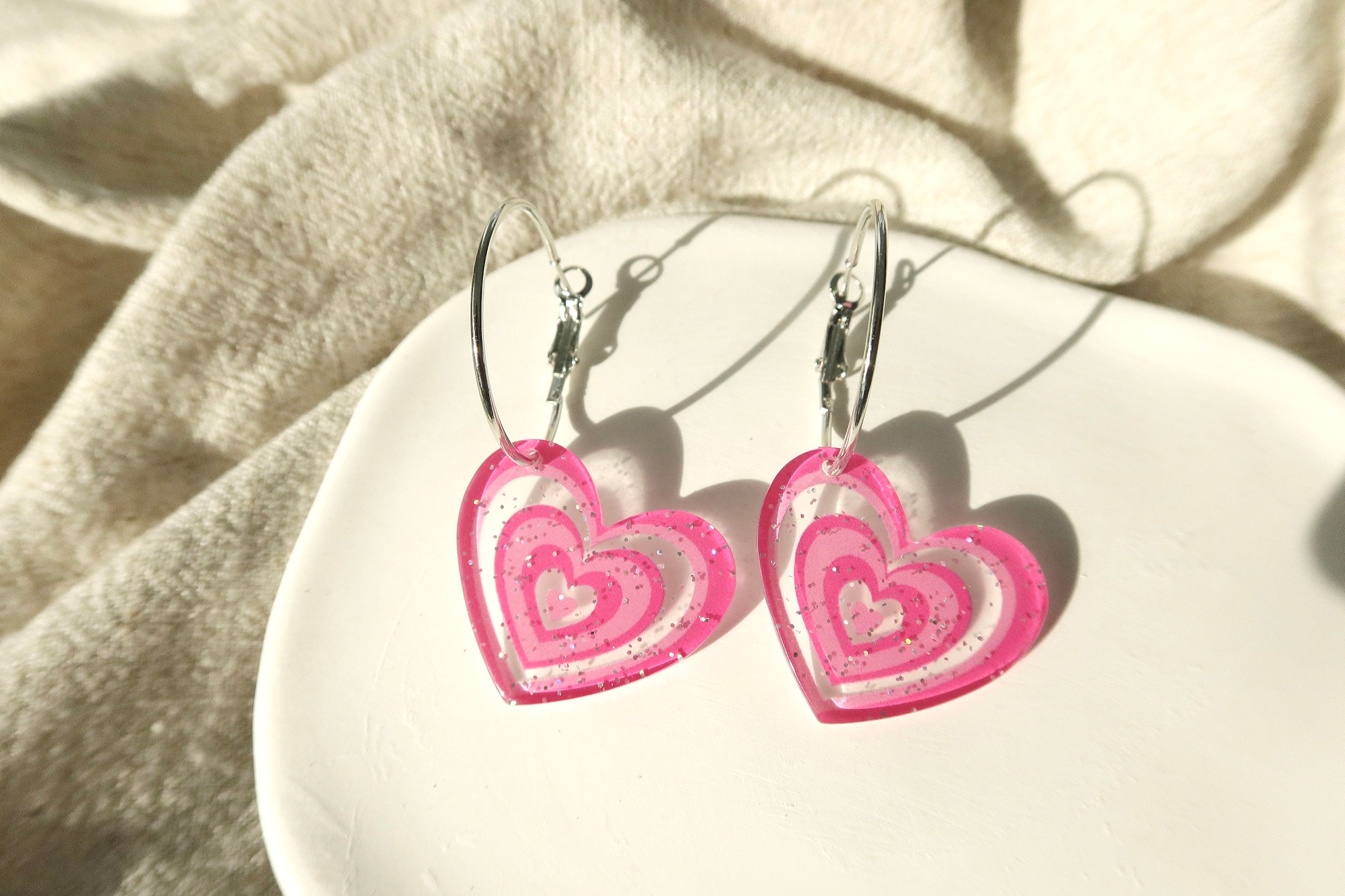 Barbie Core Pink Chunky Glitter Heart Shaped Earrings Barbie Girl Jewelry  for Little Girls Retro Style Neon Pink Aesthetic Sparkle 