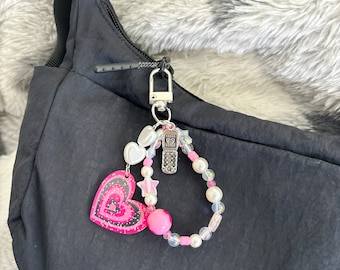 Barbie Pink Beaded Key Chain-Handmade key charm-Pink Heart Key Charm-y2k key accessories-Gifts Under 20