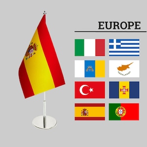 Tafelvlaggen van Europese landen, metalen tafelstandaard, verchroomde houder voor bureauvlag, vlagstandaard kantoor, hangerhouder voor tafels, bureaudecor