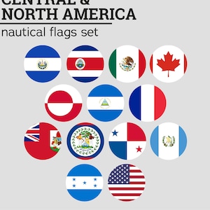May include: A set of nautical flags representing the countries of Central and North America. The flags are arranged in a circle with the text "Central & North America nautical flags set" at the top.