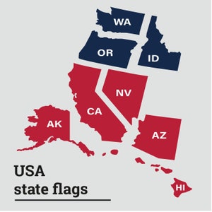Flaggen der USA-Zustände: Washington, Alaska, Oregon, Idaho, Nevada, Kalifornien, Arizona, Hawaii. Verschiedene Größen. Premium Textilqualität