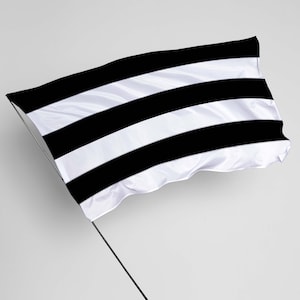 Op de afbeelding: Een zwart-wit gestreepte vlag met drie horizontale strepen. De vlag is gemaakt van een zijdeachtig materiaal en wappert in de wind.