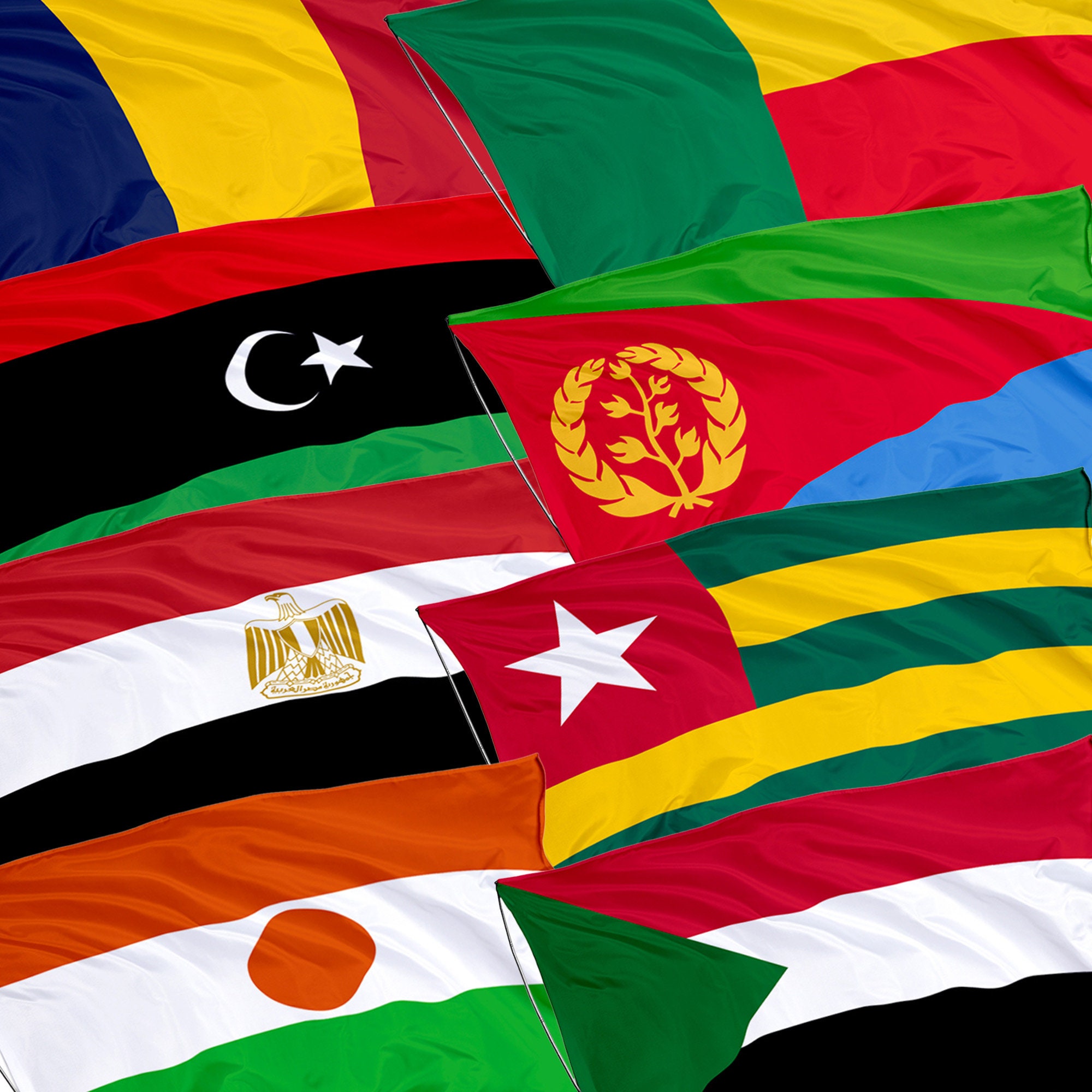 National Flags of African countries: Egypt, Livia, Sudan, Chad, Eritrea, Niger, Benin, Togo - 90 x 150 cm (3 x 5)