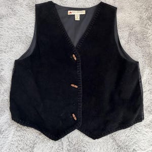 Vintage 90s Cowgirl Black Genuine Suede Leather Vest Toggle Wood Button Size L