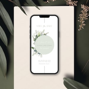Digitale save the date kaart voor de bruiloft met gepersonaliseerde gegevens om te versturen via WhatsApp | Lijnen en groene krans